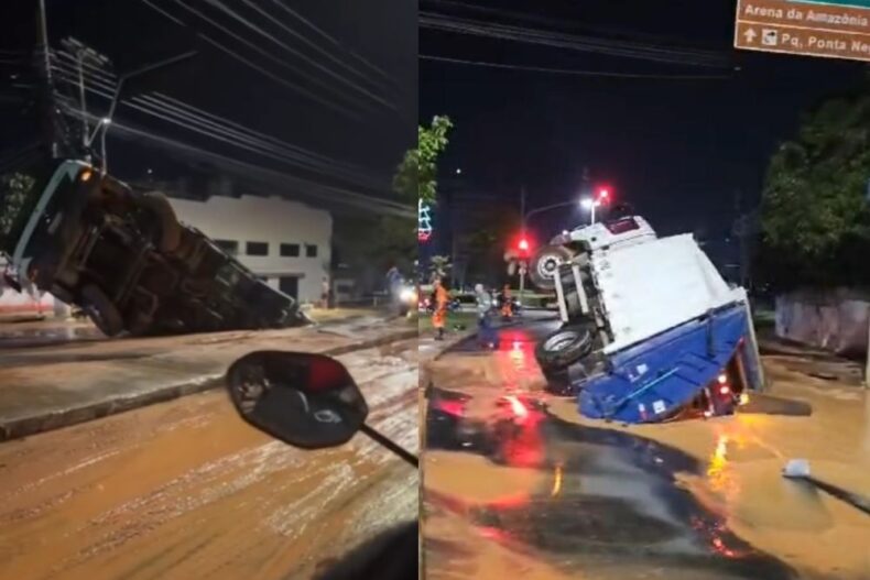 CIDADE/ADUTORA rompe e caminhão de lixo cai no buraco, em frente ao Porão do Alemão